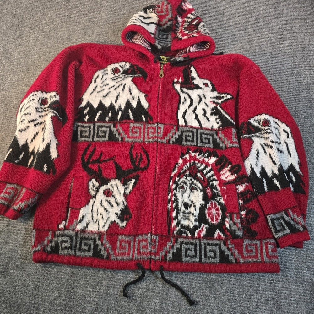 Vintage Tejidos Ruminahui Sweater Mens XL Wool Eagle Cardigan Zip Hoodie Wolf